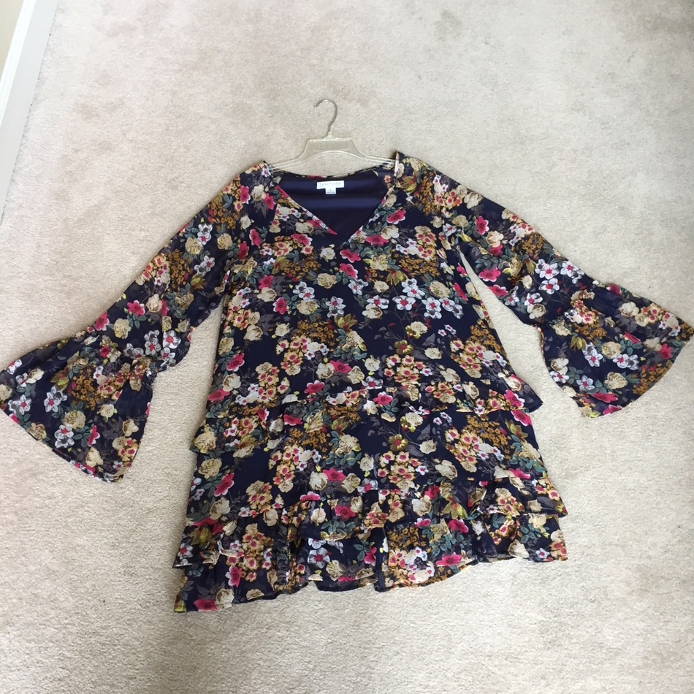 LOVE RICHE Floral Layered Bell Sleeve Ruffle Dress - Picture 1 of 8